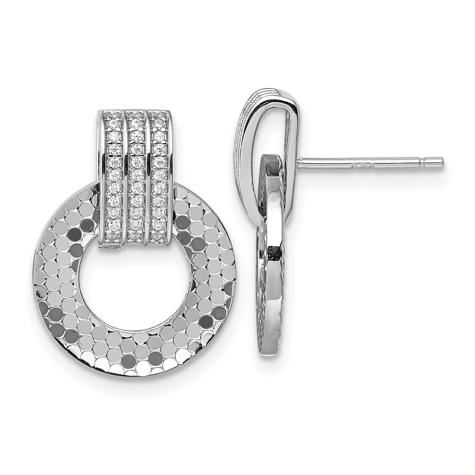 Sterling Silver Rhodium-plated CZ Polished Textured Moveable Circle Doorknocker Dangle Post Earrings Main image