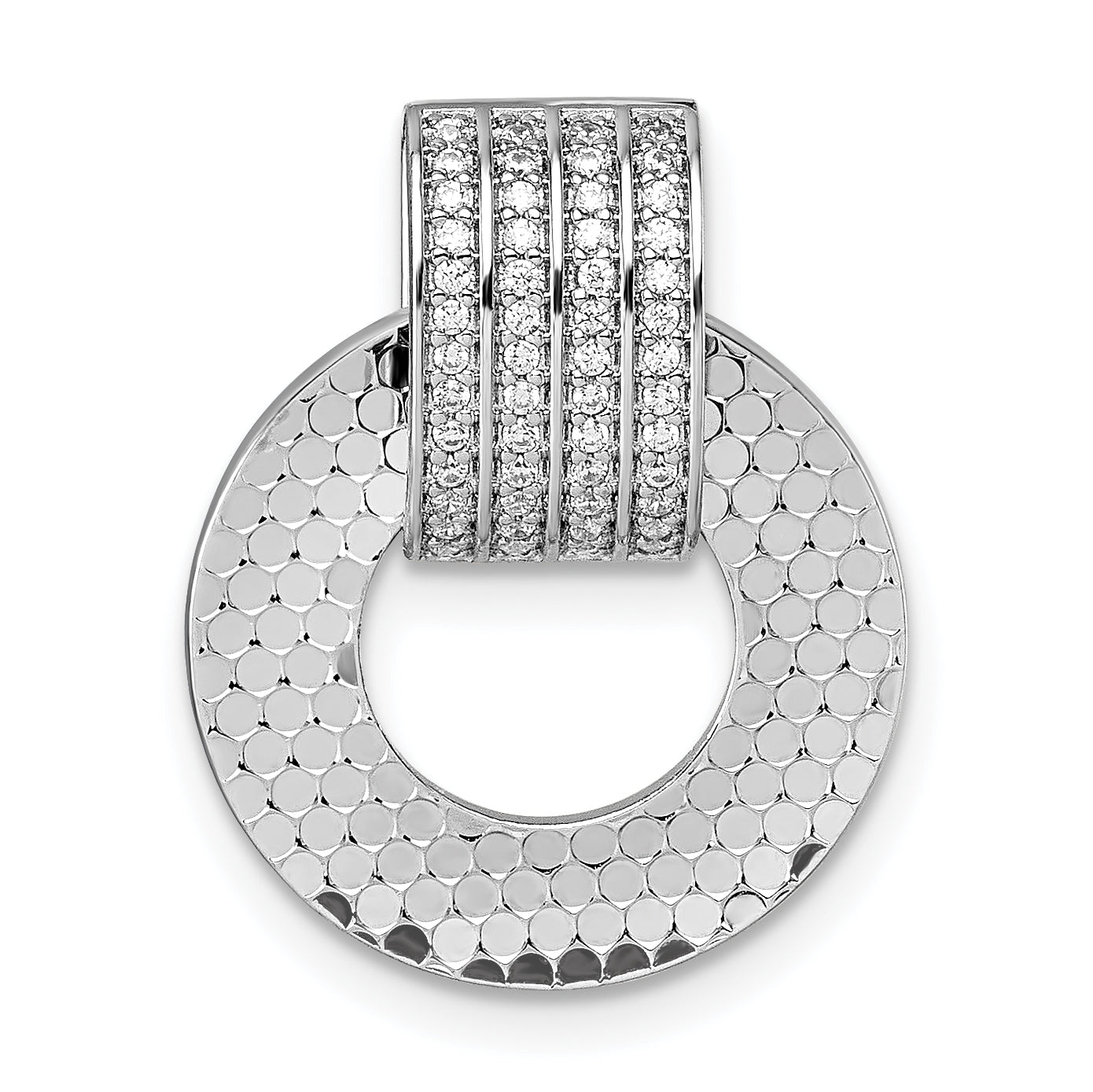 Sterling Silver Rhodium-plated CZ Polished Textured Moveable and Reversible Circle Doorknocker Pendant Main image
