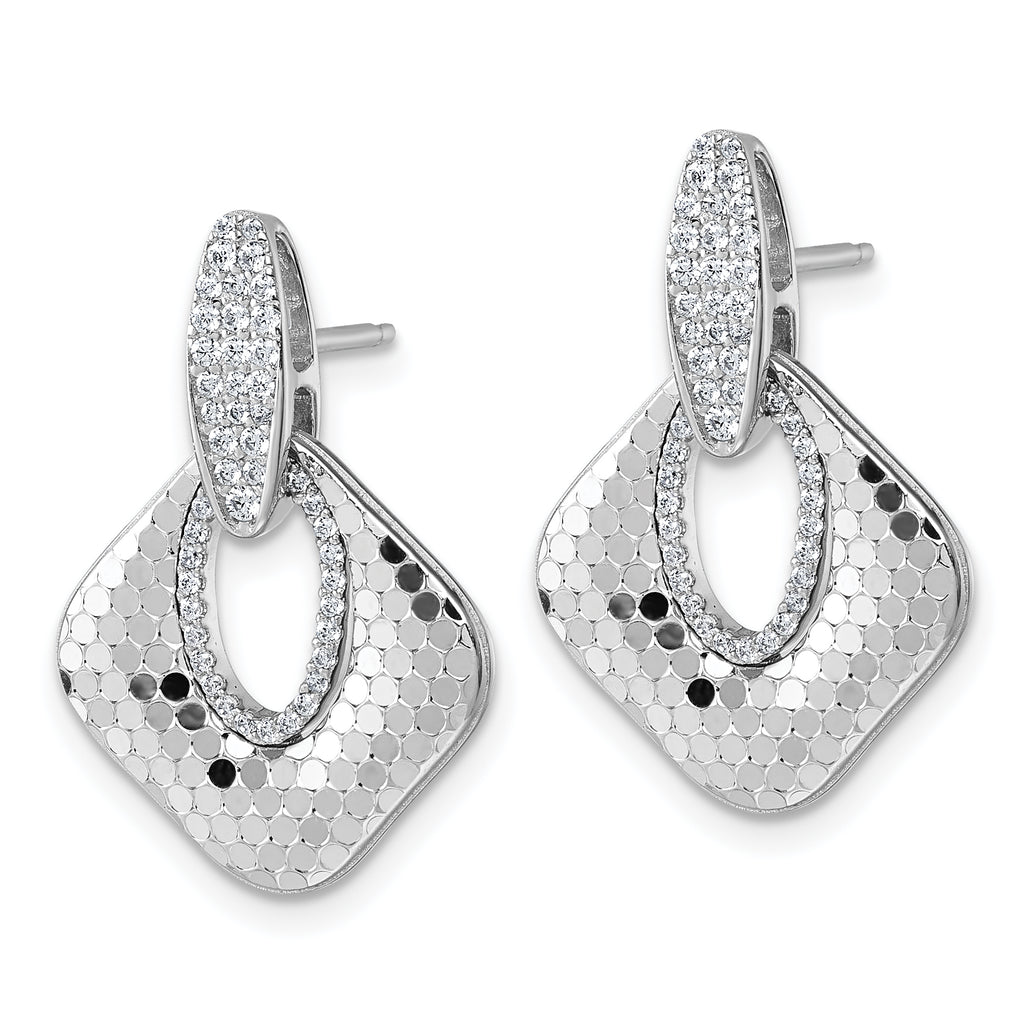 Sterling Silver Rhodium-plated CZ Polished Textured Doorknocker Dangle Post Earrings