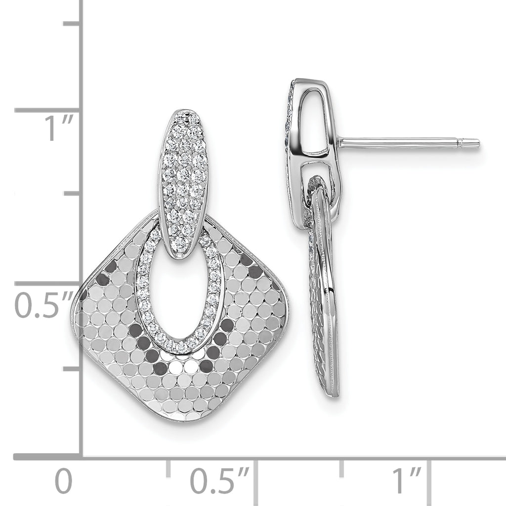 Sterling Silver Rhodium-plated CZ Polished Textured Doorknocker Dangle Post Earrings