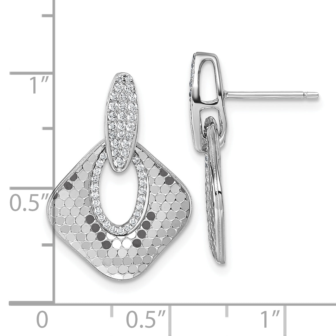 Sterling Silver Rhodium-plated CZ Polished Textured Doorknocker Dangle Post Earrings