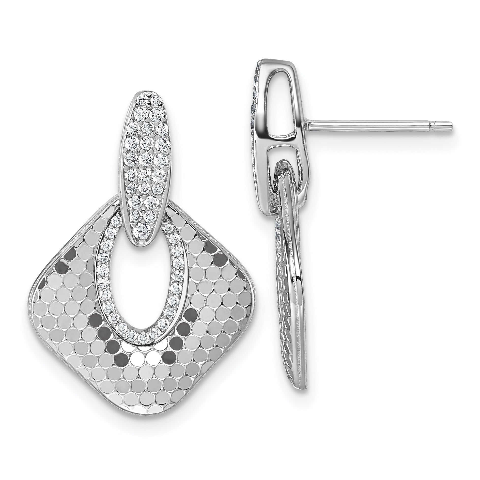 Sterling Silver Rhodium-plated CZ Polished Textured Doorknocker Dangle Post Earrings Main image