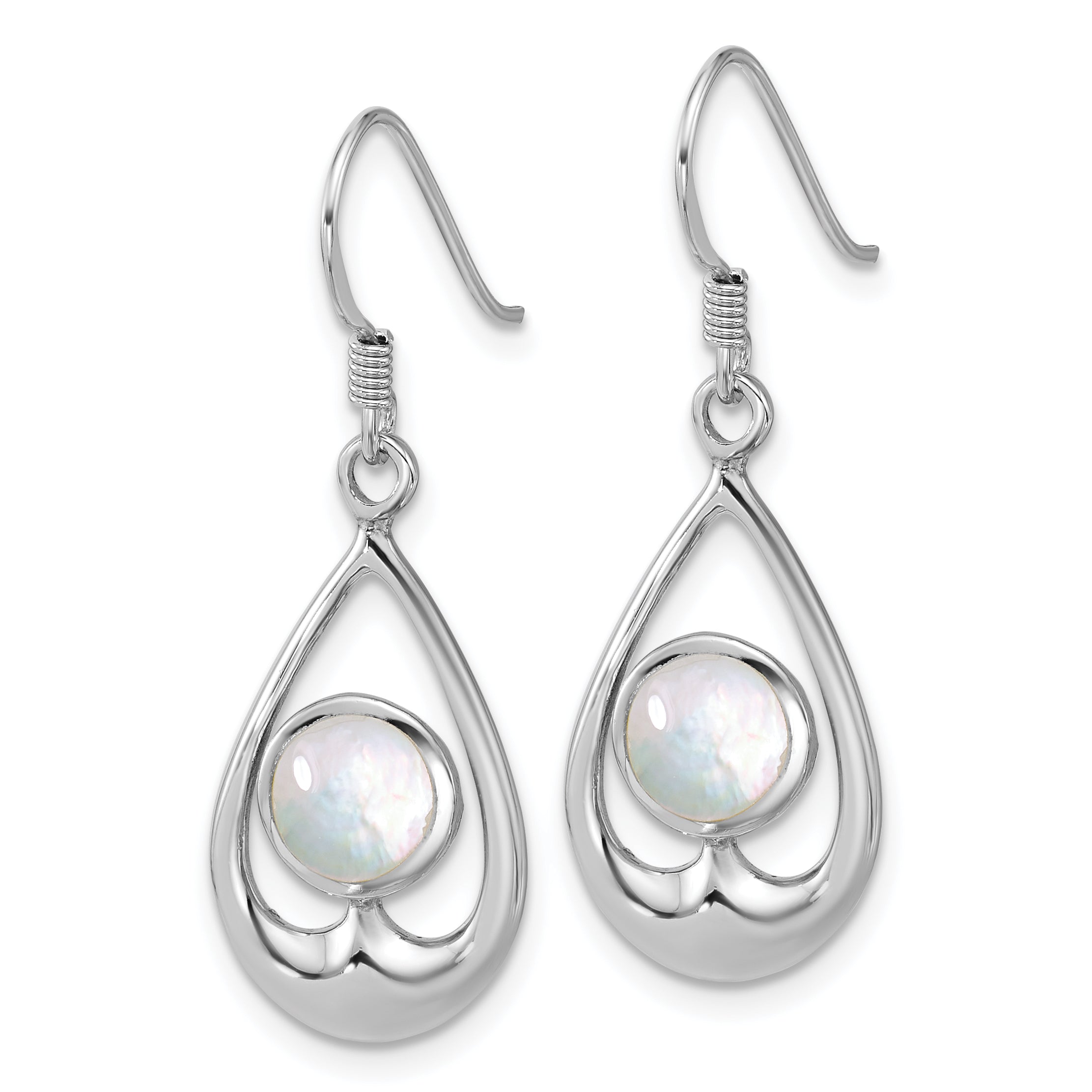Sterling Silver Rhodium-plated Polished Round Mother of Pearl in Teardrop Dangle Shepherd Hook Earrings