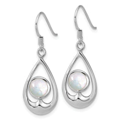 Sterling Silver Rhodium-plated Polished Round Mother of Pearl in Teardrop Dangle Shepherd Hook Earrings
