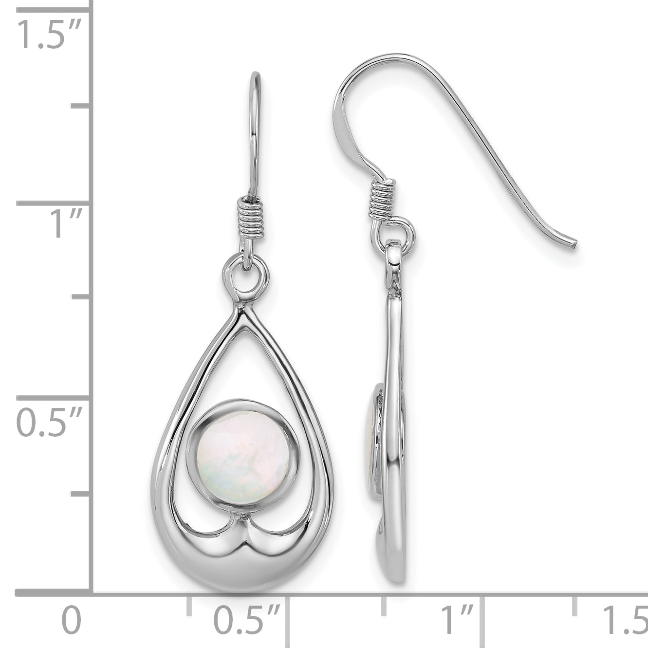 Sterling Silver Rhodium-plated Polished Round Mother of Pearl in Teardrop Dangle Shepherd Hook Earrings