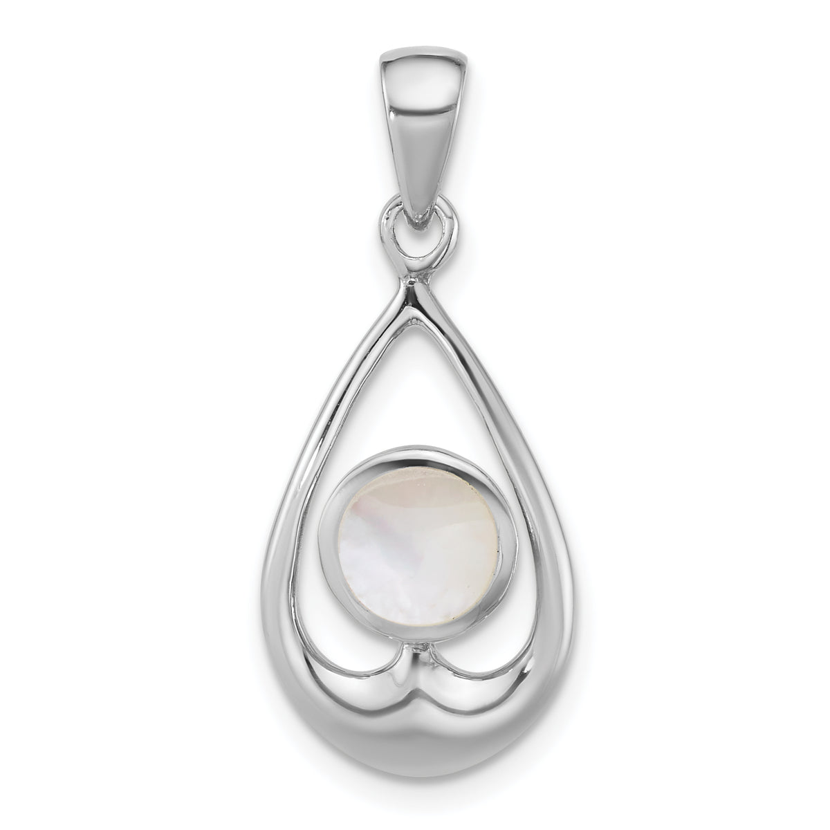 Sterling Silver Rhodium-plated Polished Round Mother of Pearl in Teardrop Pendant