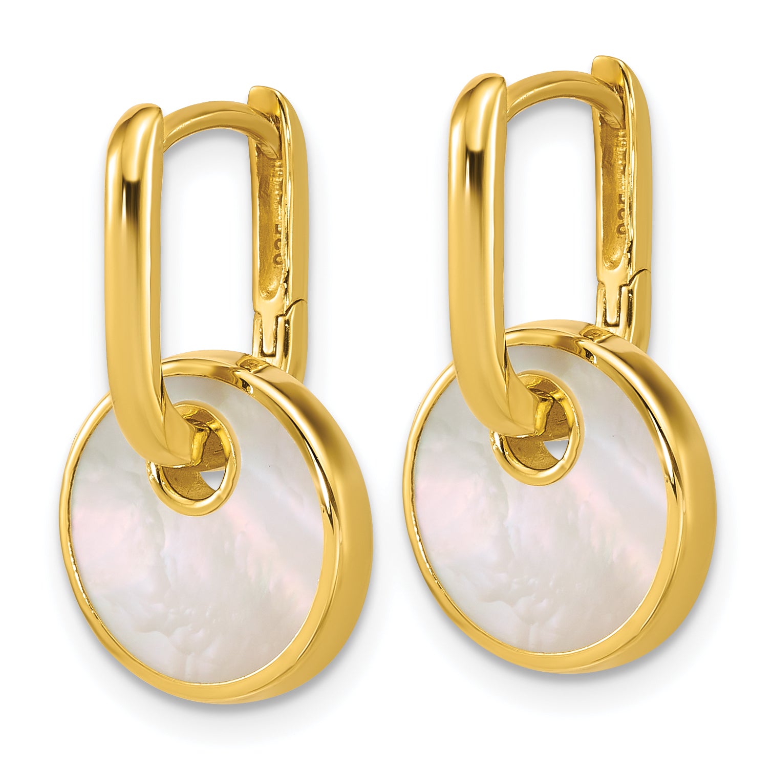 Sterling Silver Gold-plated Polished Mother of Pearl Circle Drop Hinged Hoop Earrings Secondary image