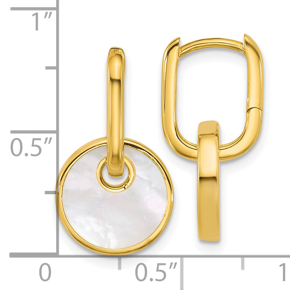 Sterling Silver Gold-plated Polished Mother of Pearl Circle Drop Hinged Hoop Earrings