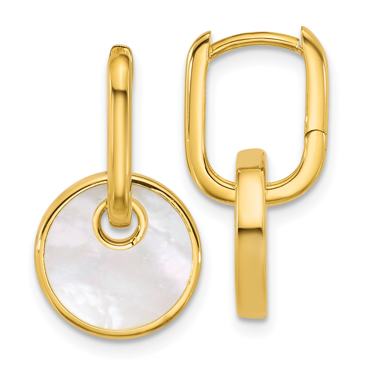 Sterling Silver Gold-plated Polished Mother of Pearl Circle Drop Hinged Hoop Earrings Main image