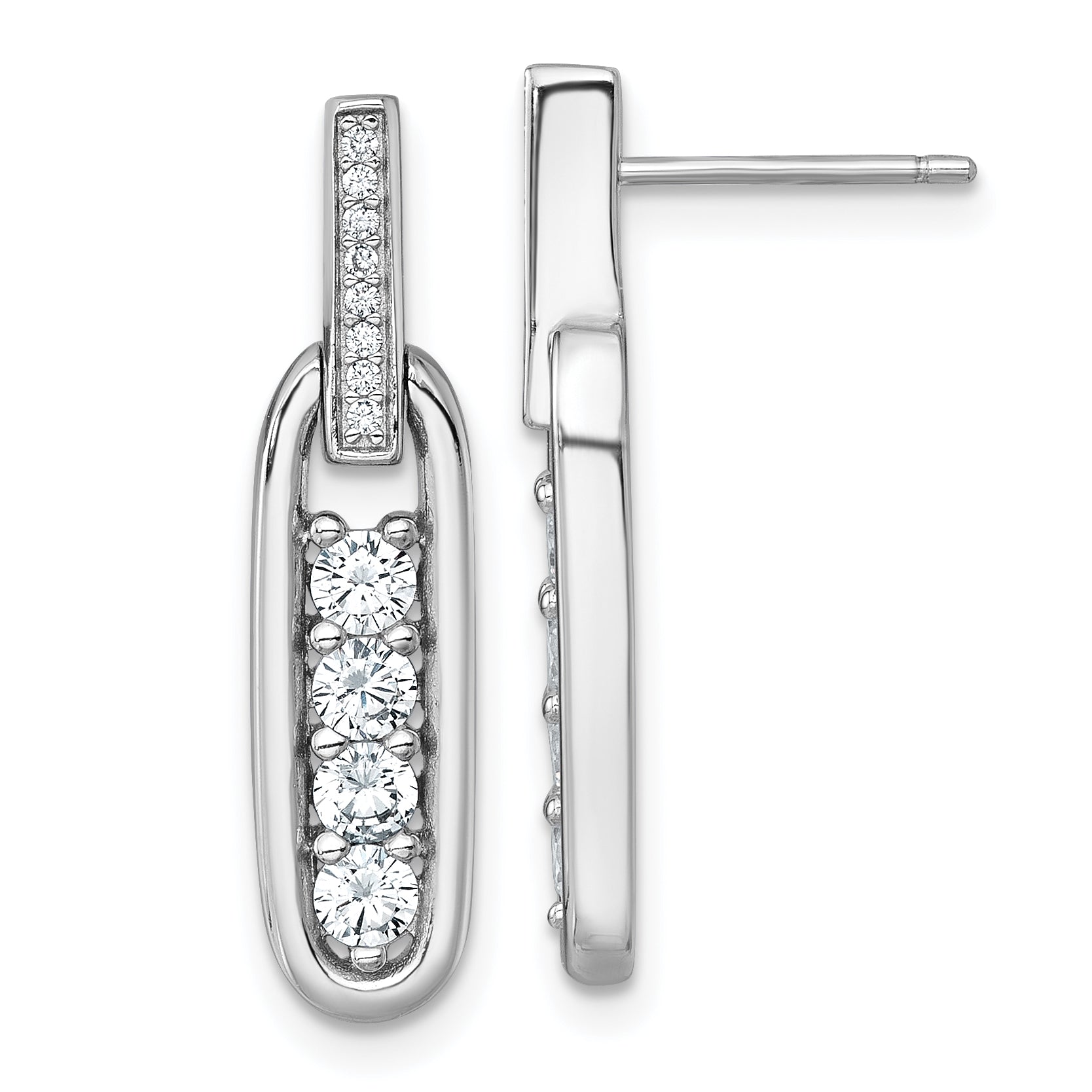 Sterling Silver Rhodium-plated Polished CZ Elongated Oval Post Dangle Earrings
