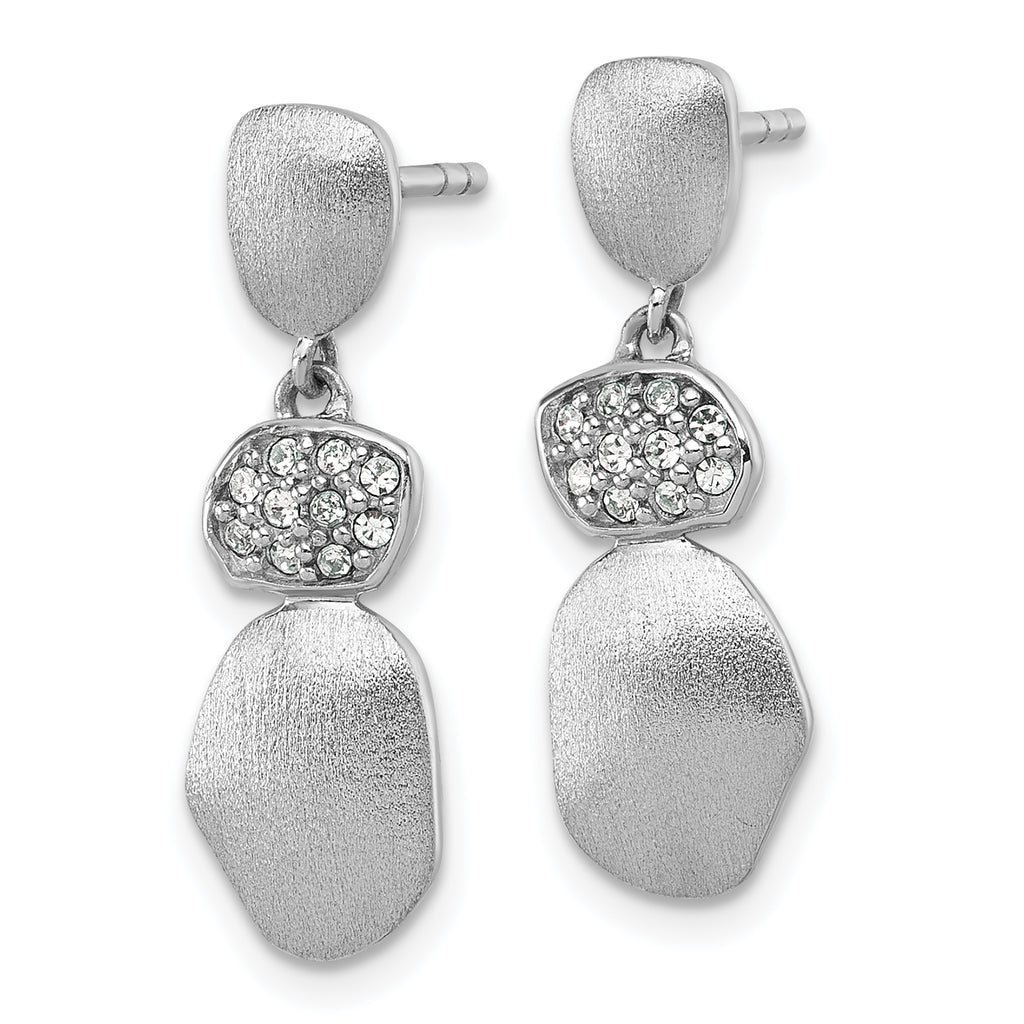 Sterling Silver Rhodium-plated Brushed and Polished Crystal Dangle Post Earrings