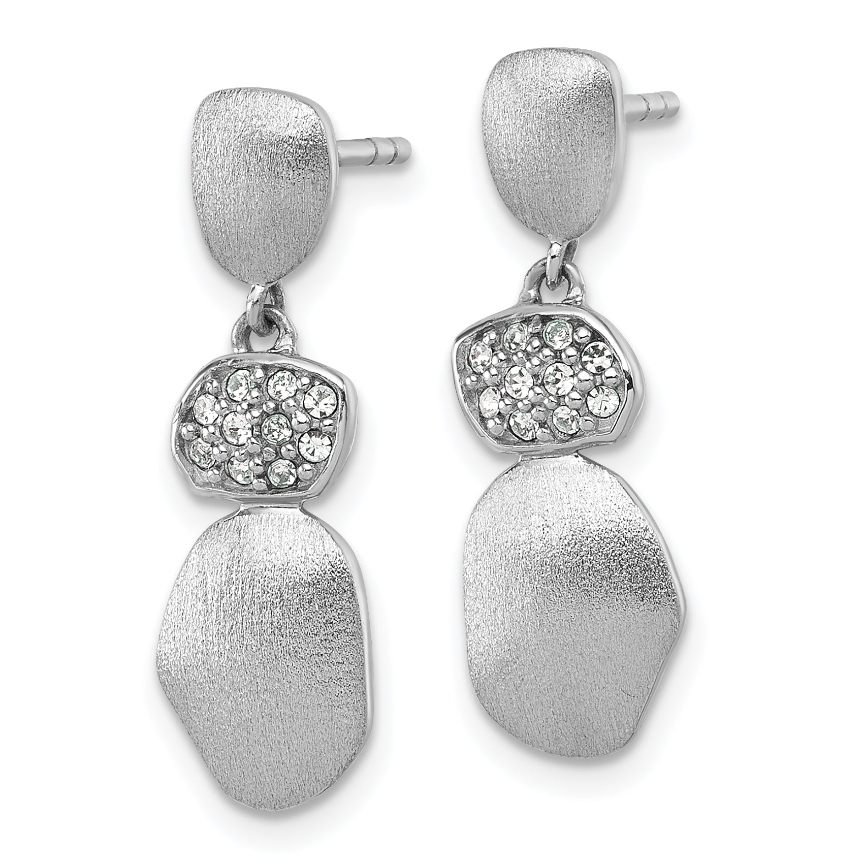Sterling Silver Rhodium-plated Brushed and Polished Crystal Dangle Post Earrings