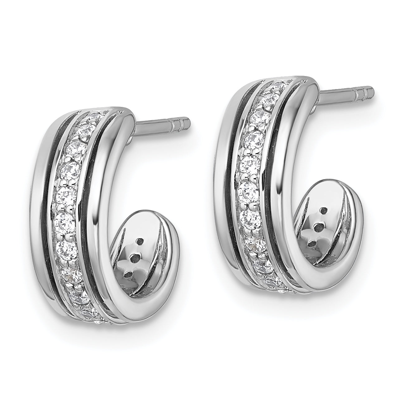 Sterling Silver Rhodium-plated Polished White CZ J-Hoop Post Earrings Secondary image