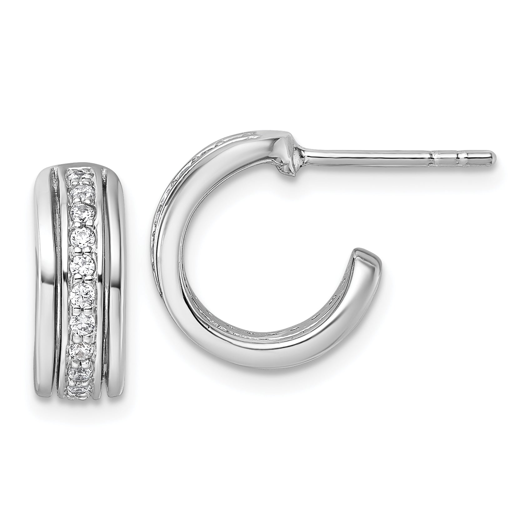 Sterling Silver Rhodium-plated Polished White CZ J-Hoop Post Earrings Main image