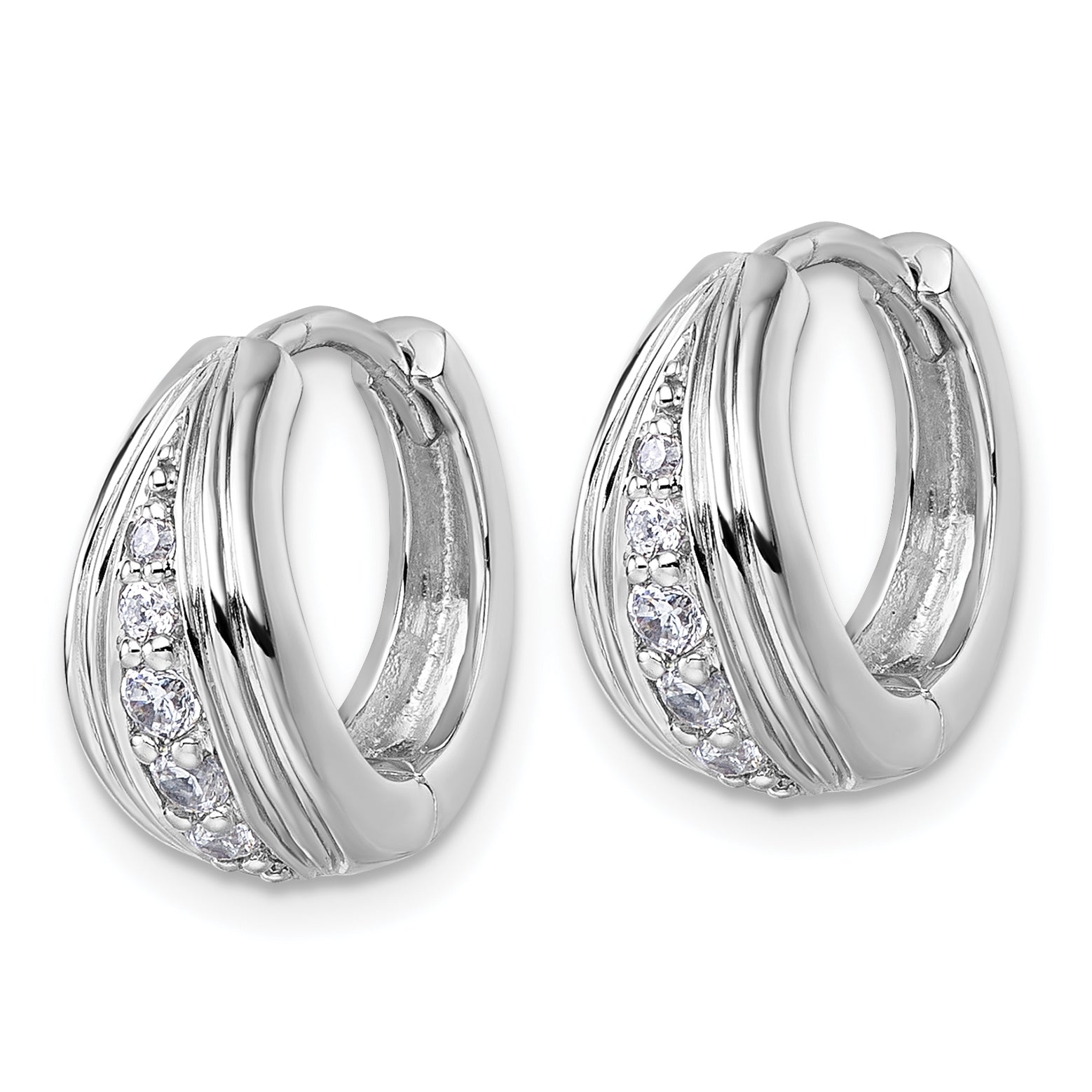 Sterling Silver Rhodium-plated Polished and Grooved White CZ Polished Hinged Hoop Earrings Secondary image