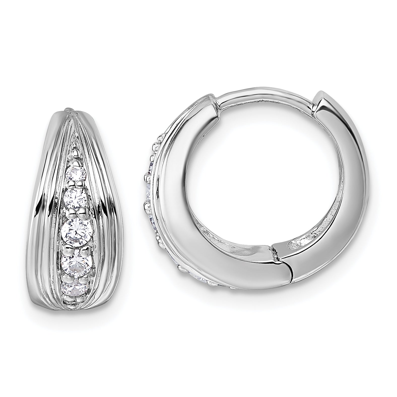 Sterling Silver Rhodium-plated Polished and Grooved White CZ Polished Hinged Hoop Earrings Main image