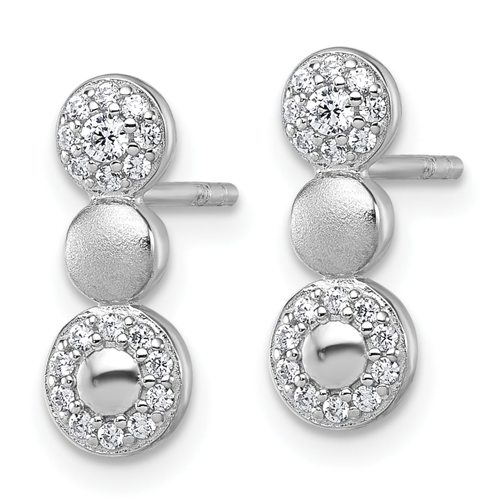 Sterling Silver Rhodium-plated Polished and Satin CZ  3-Circles Post Earrings