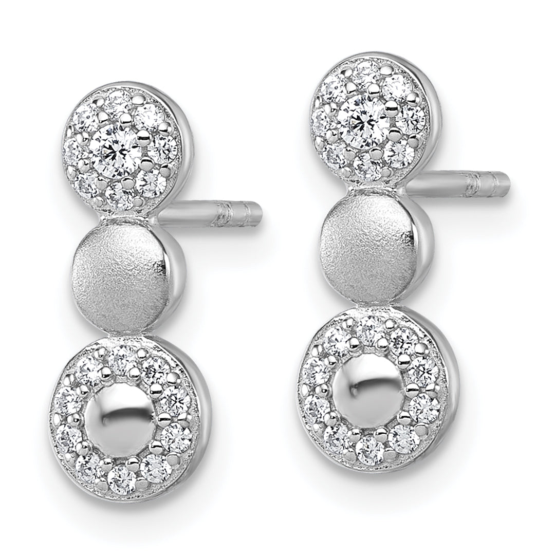 Sterling Silver Rhodium-plated Polished and Satin CZ  3-Circles Post Earrings