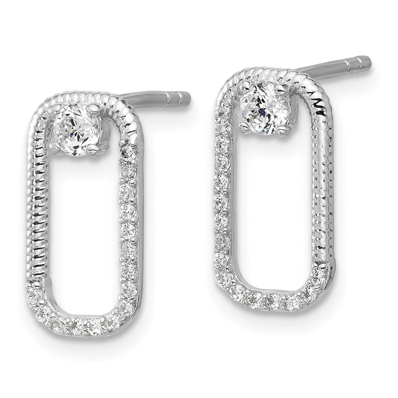 Sterling Silver Rhodium-plated CZ Textured Rectangle Post Earrings Secondary image