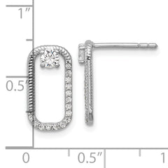 Sterling Silver Rhodium-plated CZ Textured Rectangle Post Earrings