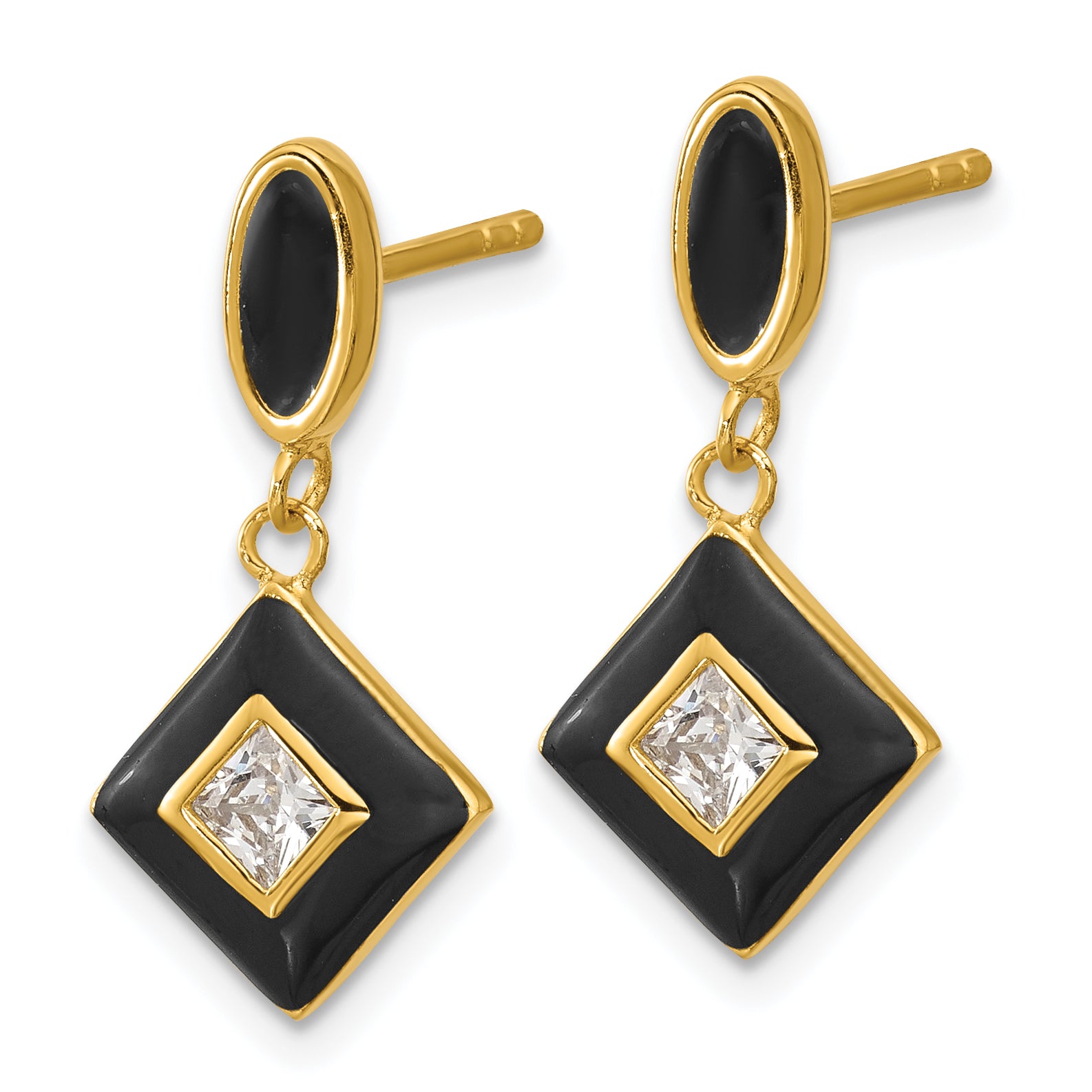 Sterling Silver Gold-plated CZ and Black Enameled Dangle Post Earrings Secondary image