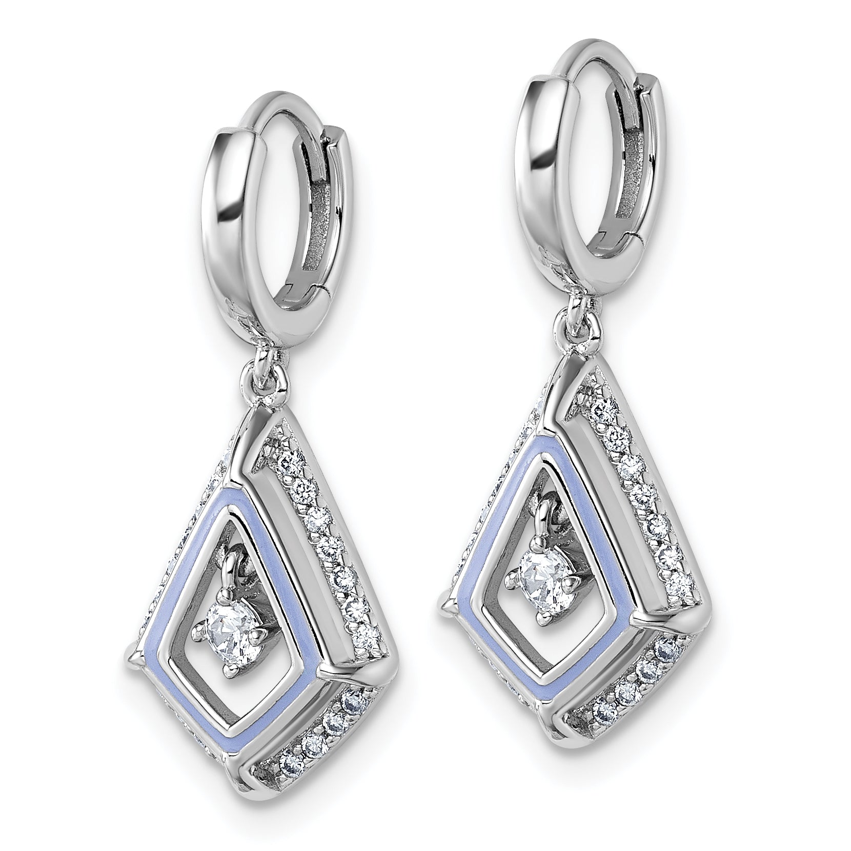 Sterling Silver Rhodium-plated Vibrant Moving CZ with Light Purple Enamel Kite-shape Dangle Hinged Hoop Earrings Secondary image