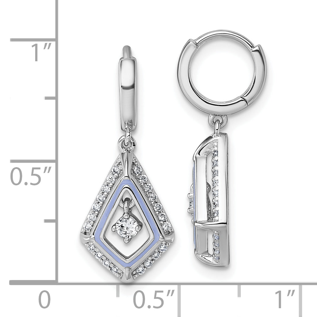 Sterling Silver Rhodium-plated Vibrant Moving CZ with Light Purple Enamel Kite-shape Dangle Hinged Hoop Earrings
