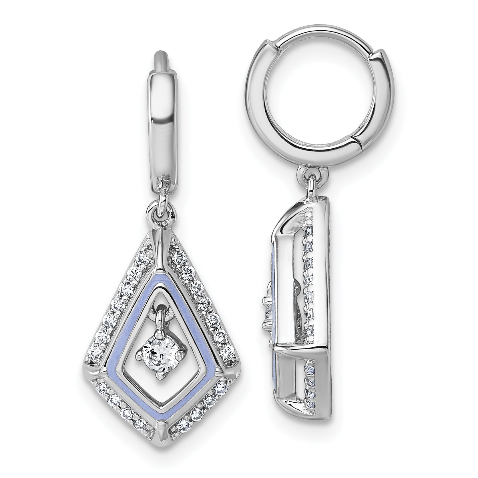 Sterling Silver Rhodium-plated Vibrant Moving CZ with Light Purple Enamel Kite-shape Dangle Hinged Hoop Earrings Main image