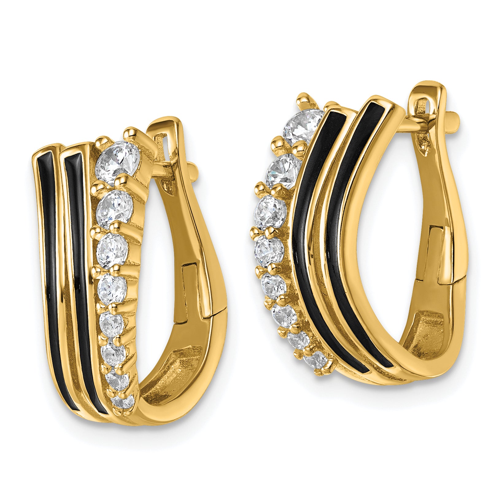 Sterling Silver Gold-tone Black Enamel and CZ Hinged Hoop Earrings Secondary image