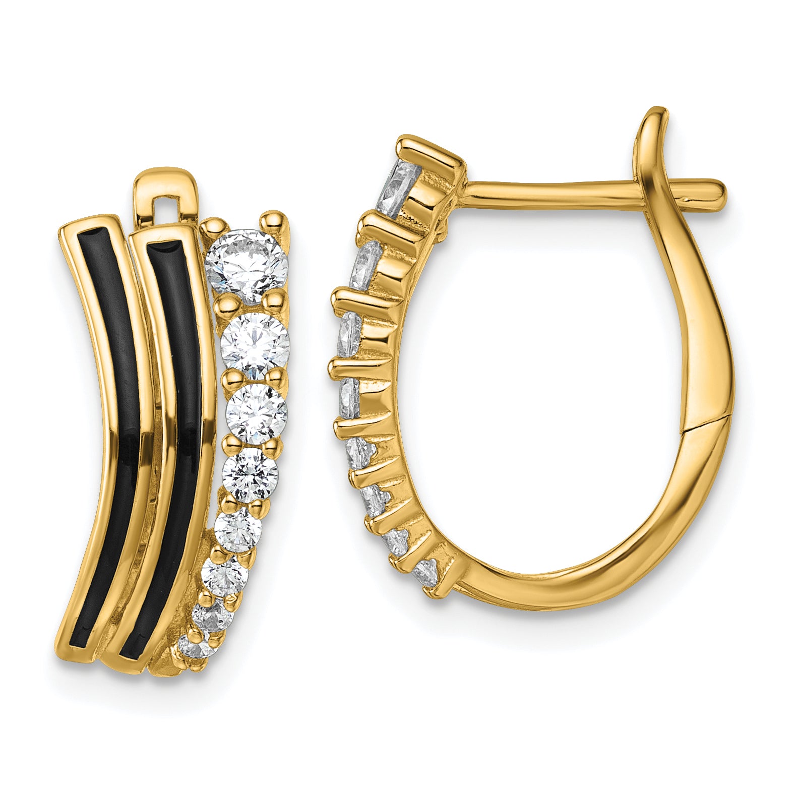 Sterling Silver Gold-tone Black Enamel and CZ Hinged Hoop Earrings Main image