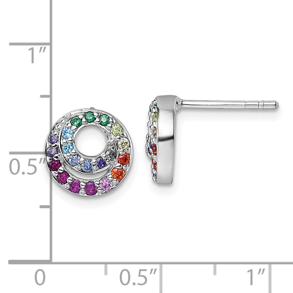 Sterling Silver Rhodium-plated Polished Rainbow CZ Double Circle Post Earrings