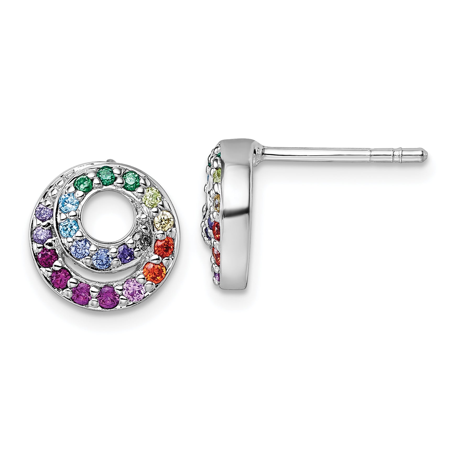 Sterling Silver Rhodium-plated Polished Rainbow CZ Double Circle Post Earrings Main image