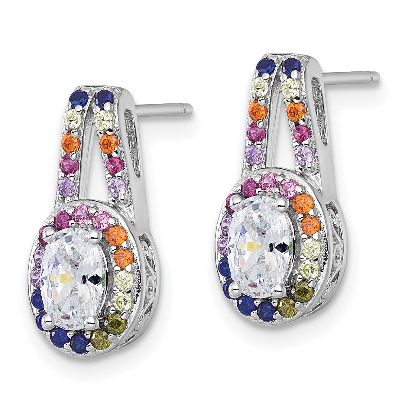 Sterling Silver Rhodium-plated Polished Multi-color Rainbow CZ Oval Halo Post Earrings Secondary image