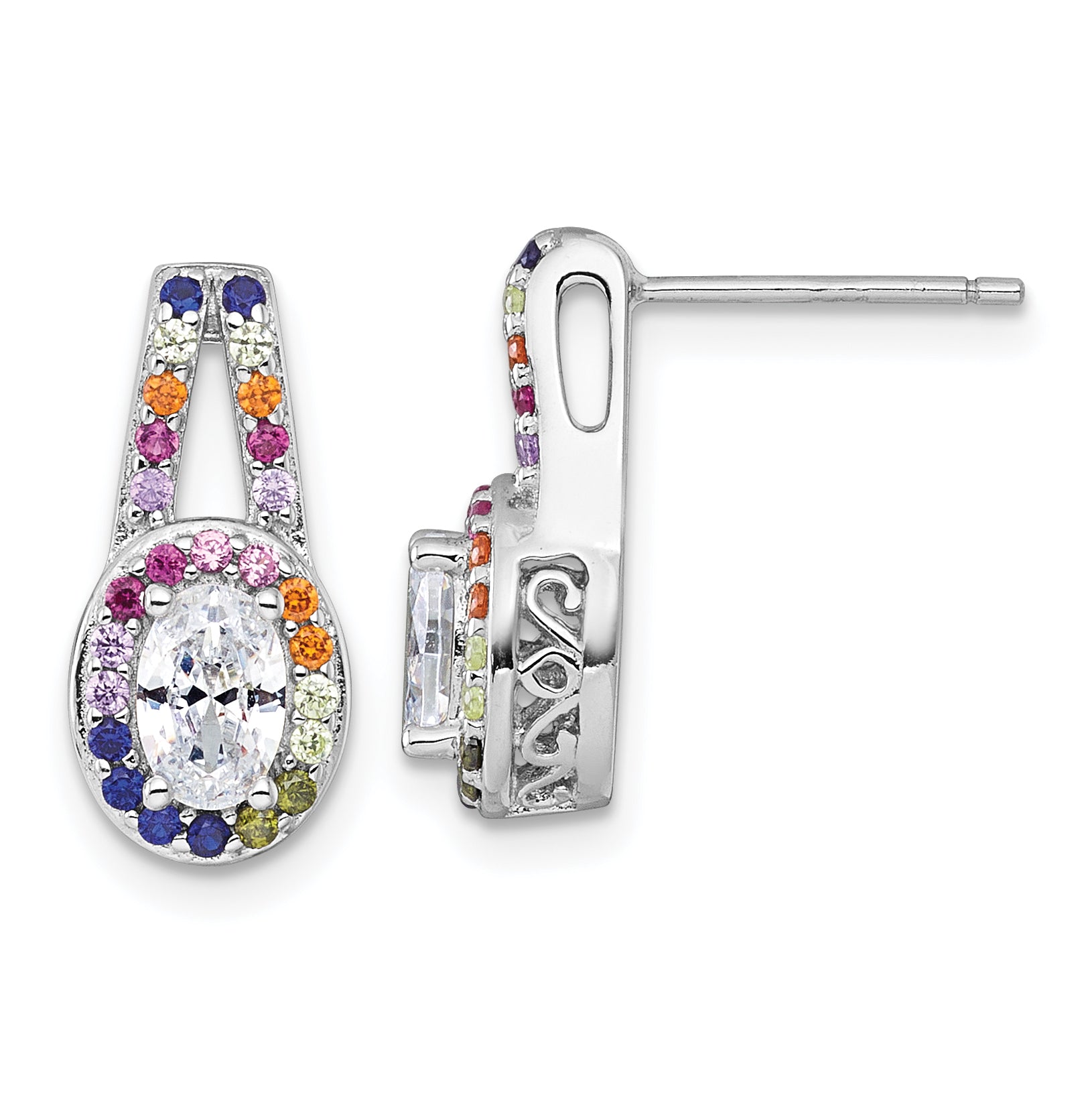 Sterling Silver Rhodium-plated Polished Multi-color Rainbow CZ Oval Halo Post Earrings Main image