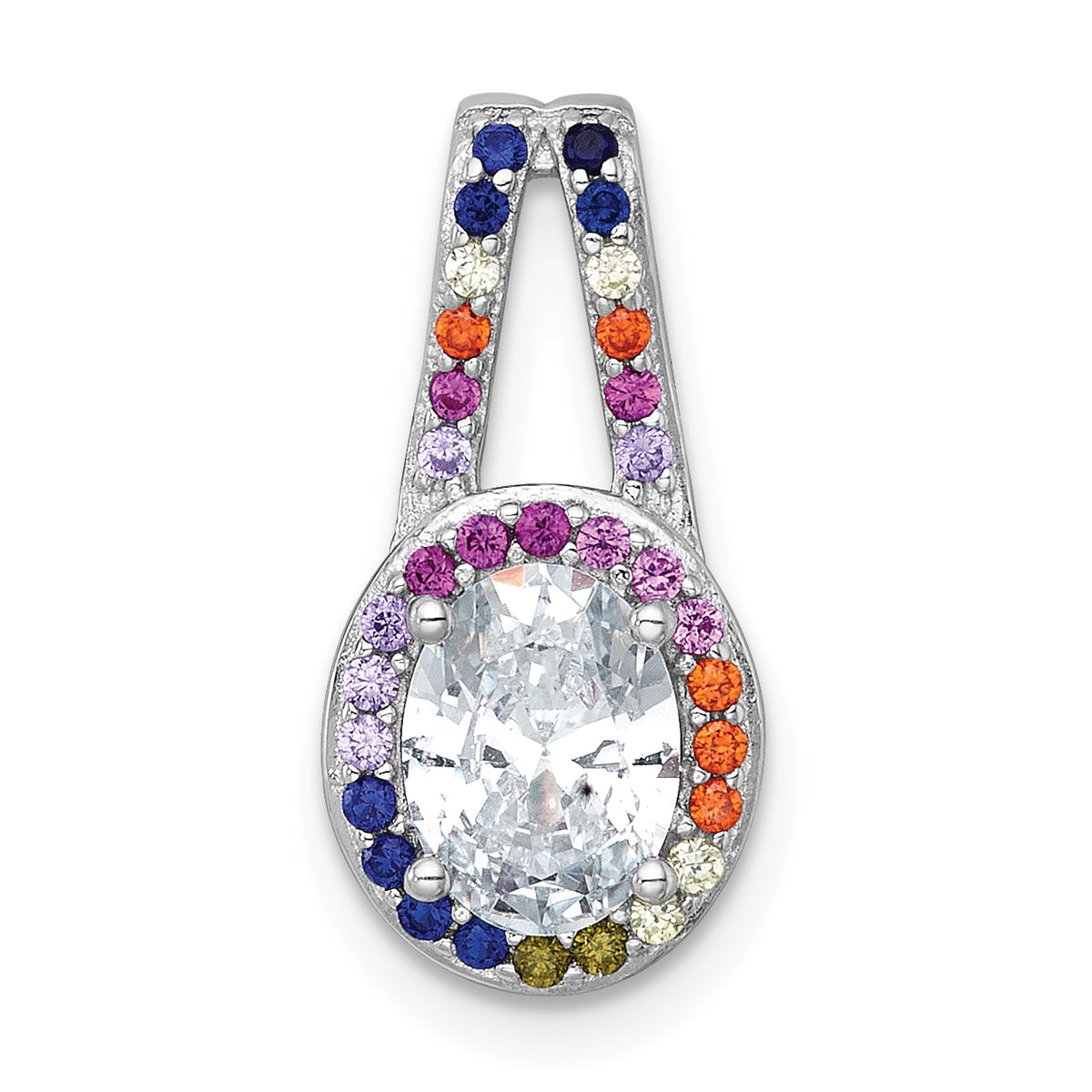 Sterling Silver Rhodium-plated Polished Multi-color Rainbow CZ Oval Halo Chain Slide Pendant
