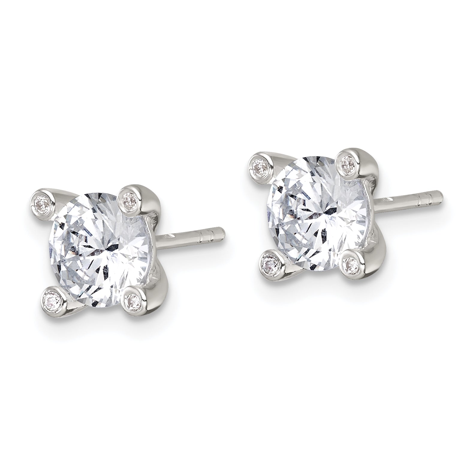 Sterling Silver Polished CZ with 4 CZ Prongs Post Earrings Secondary image