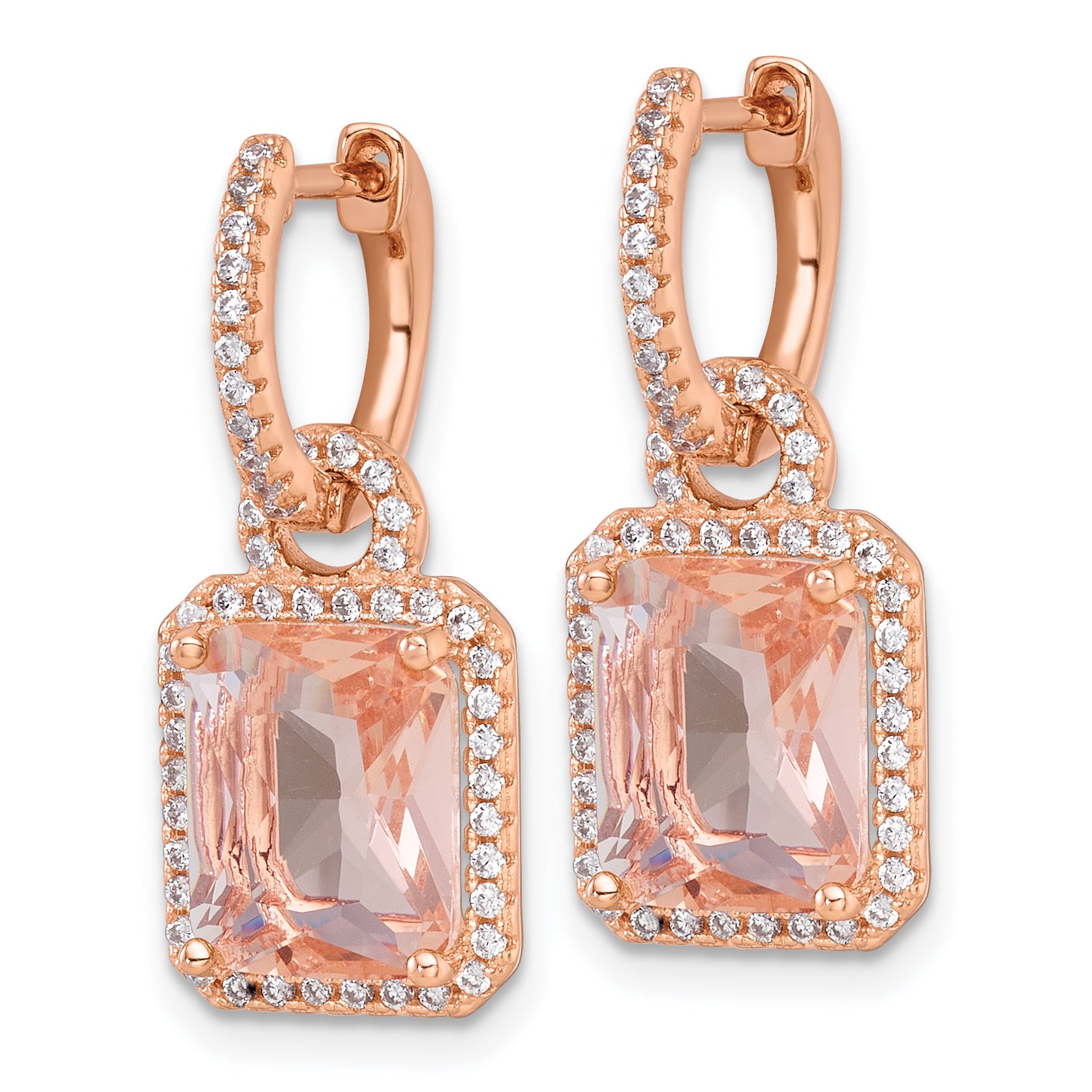 Sterling Silver Rose-tone Polished Pink Glass Stone and CZ Halo Removable Dangle on Round Hinged Hoop Earrings Secondary image