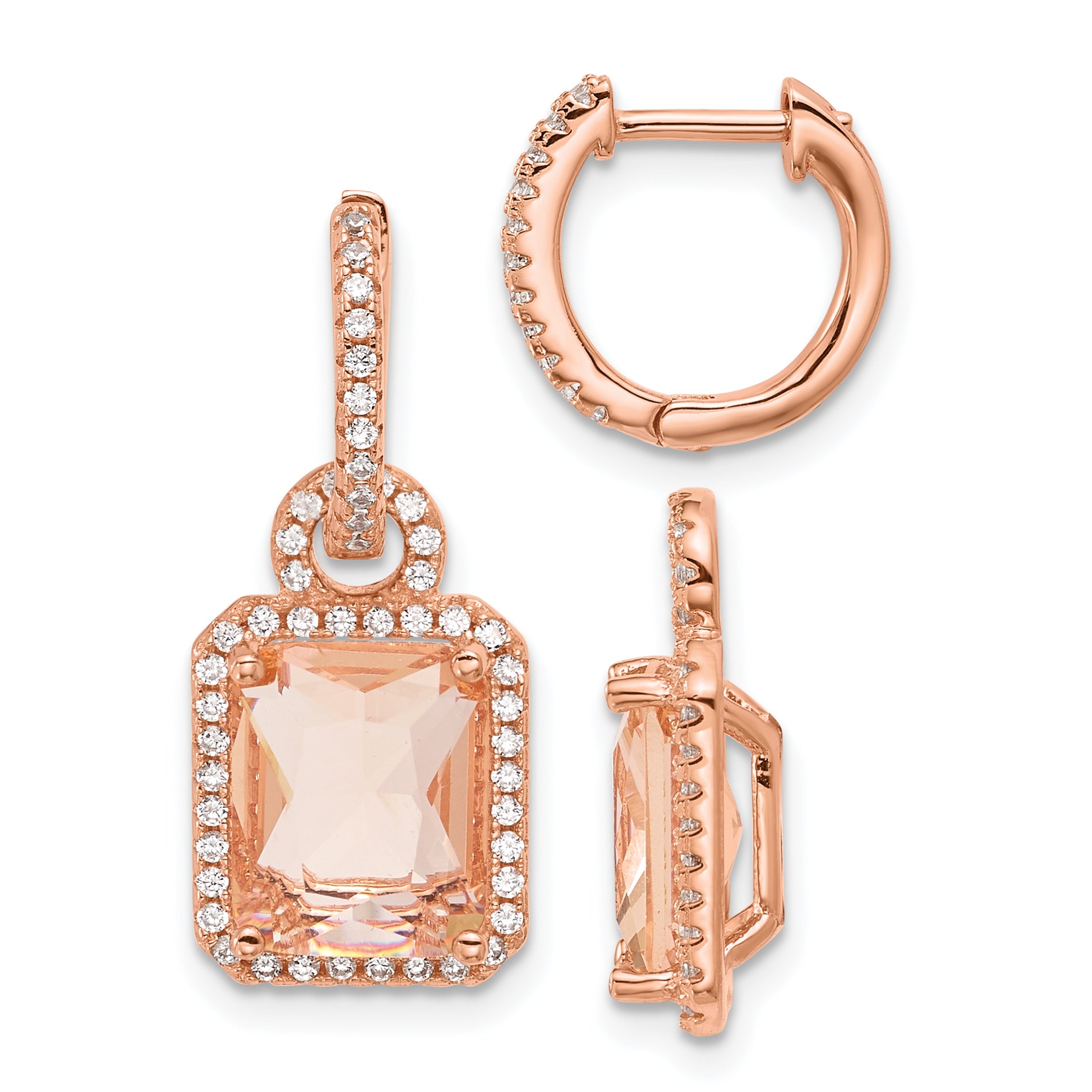 Sterling Silver Rose-tone Polished Pink Glass Stone and CZ Halo Removable Dangle on Round Hinged Hoop Earrings Main image