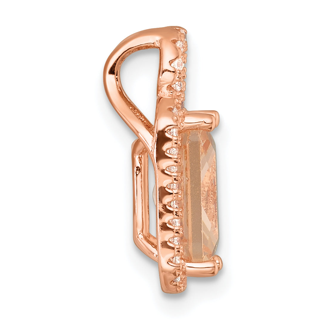 Sterling Silver Rose-tone Polished Pink Glass Stone and CZ Halo Chain Slide Pendant Secondary image