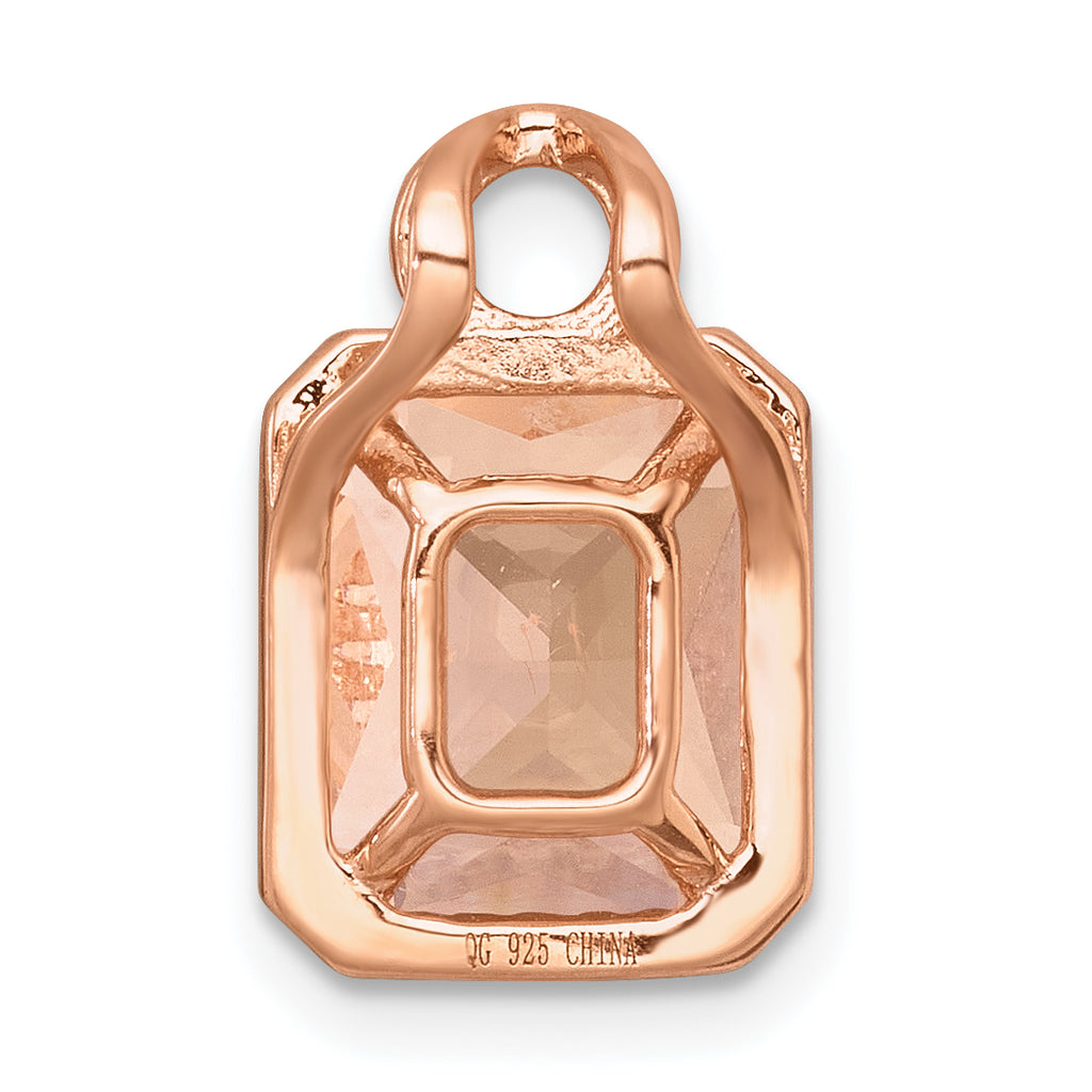 Sterling Silver Rose-tone Polished Pink Glass Stone and CZ Halo Chain Slide Pendant