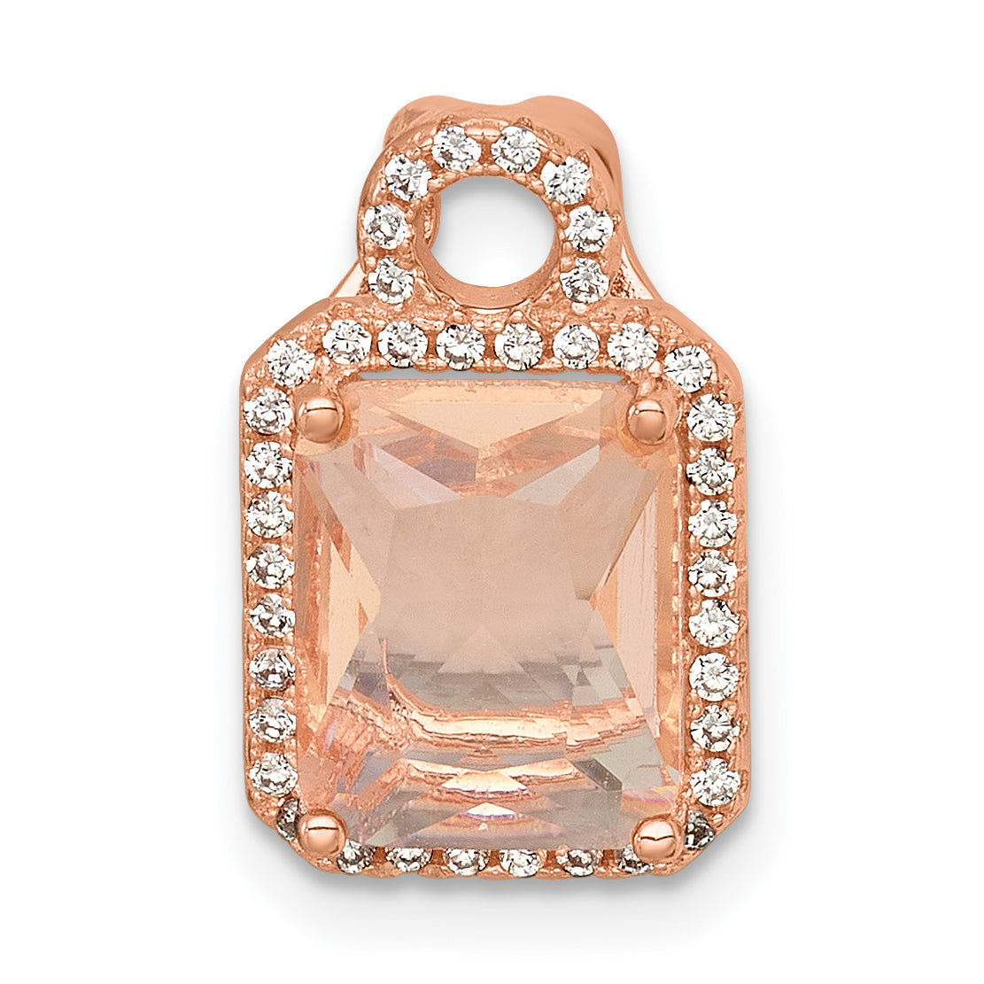 Sterling Silver Rose-tone Polished Pink Glass Stone and CZ Halo Chain Slide Pendant Main image