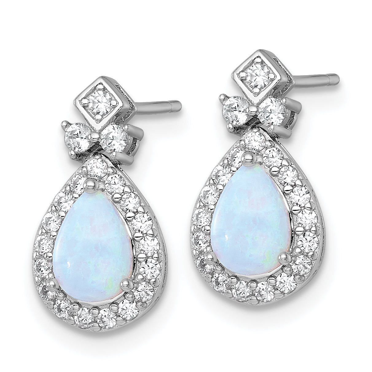 Sterling Silver Rhodium-plated Polished Lab Created Opal and CZ Teardrop Halo Dangle Post Earrings Secondary image