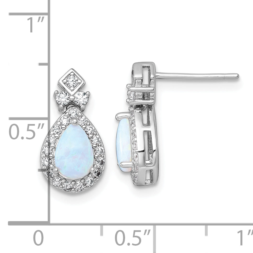 Sterling Silver Rhodium-plated Polished Lab Created Opal and CZ Teardrop Halo Dangle Post Earrings