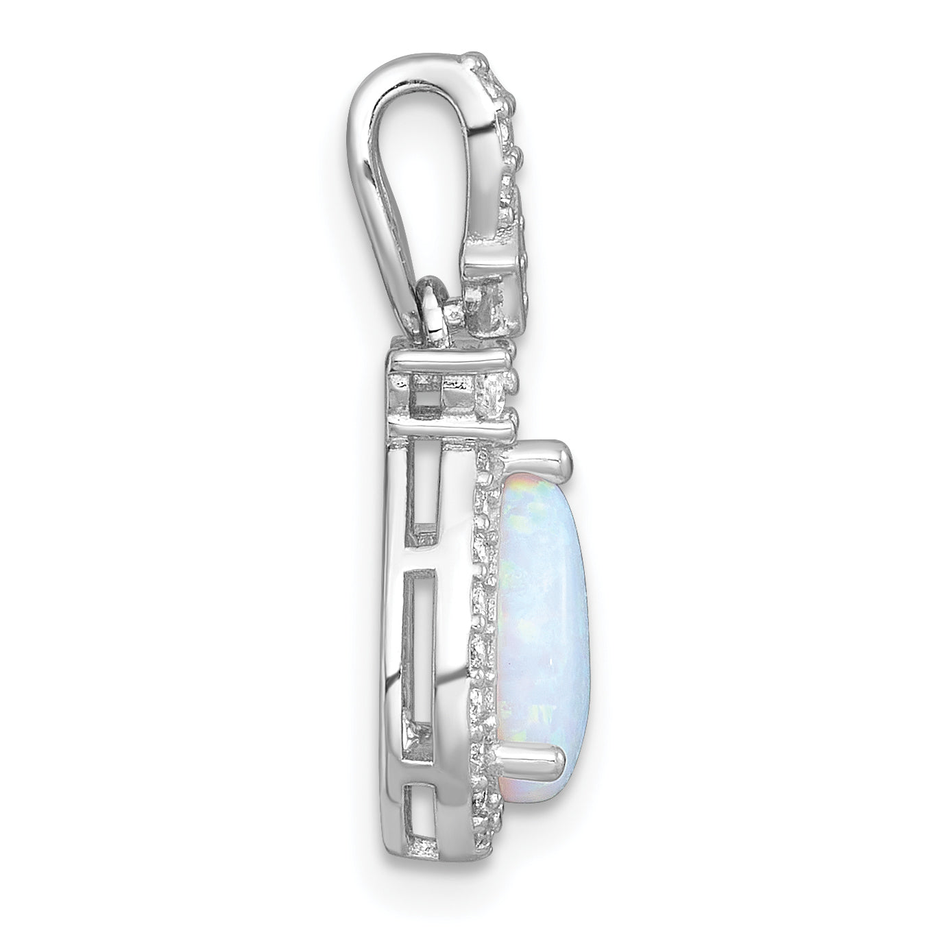 Sterling Silver Rhodium-plated Polished Lab Created Opal and CZ Teardrop Halo Chain Slide Pendant Secondary image