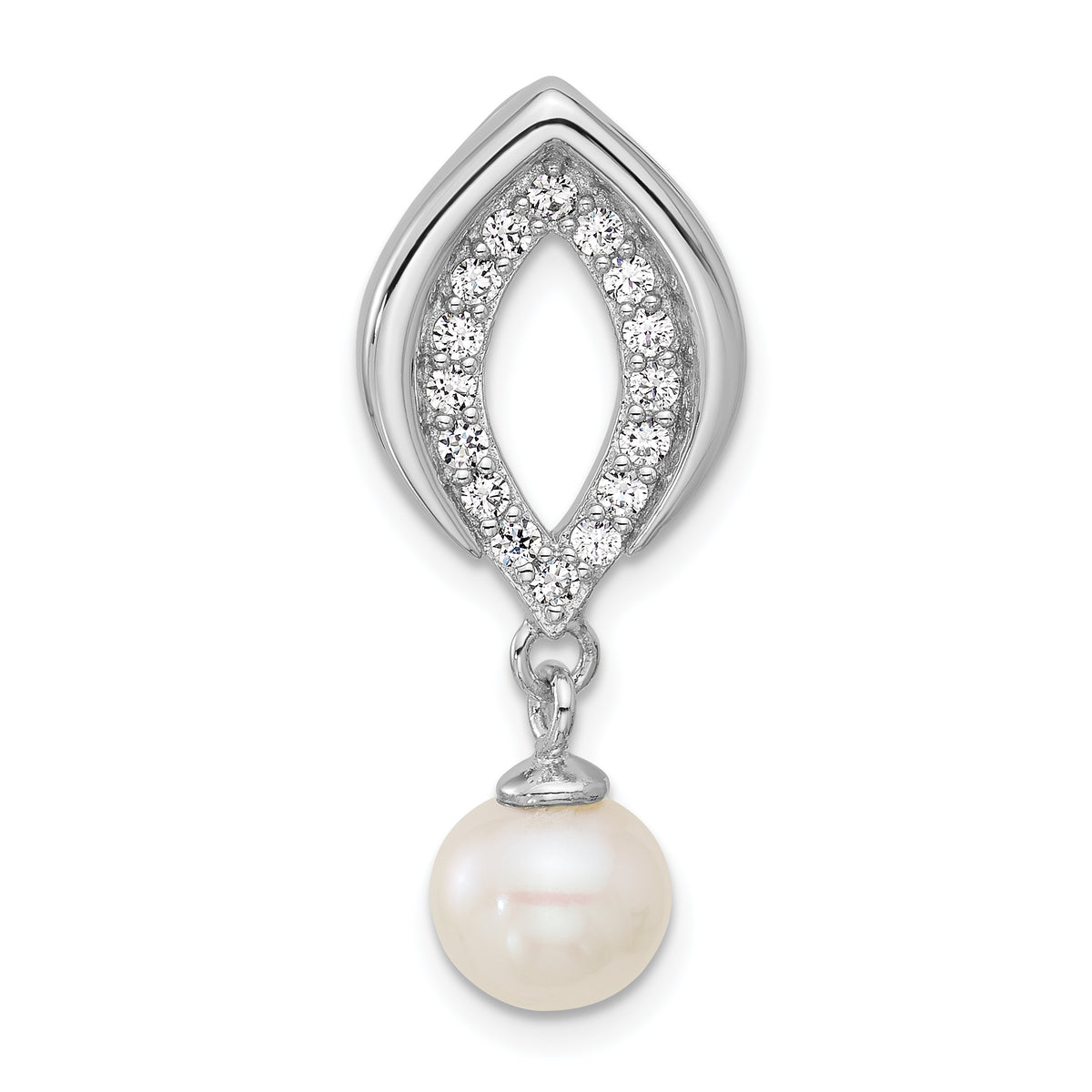 Sterling Silver Rhodium-plated Polished CZ and 6-7mm Freshwater Cultured Pearl Dangle Chain Slide Pendant