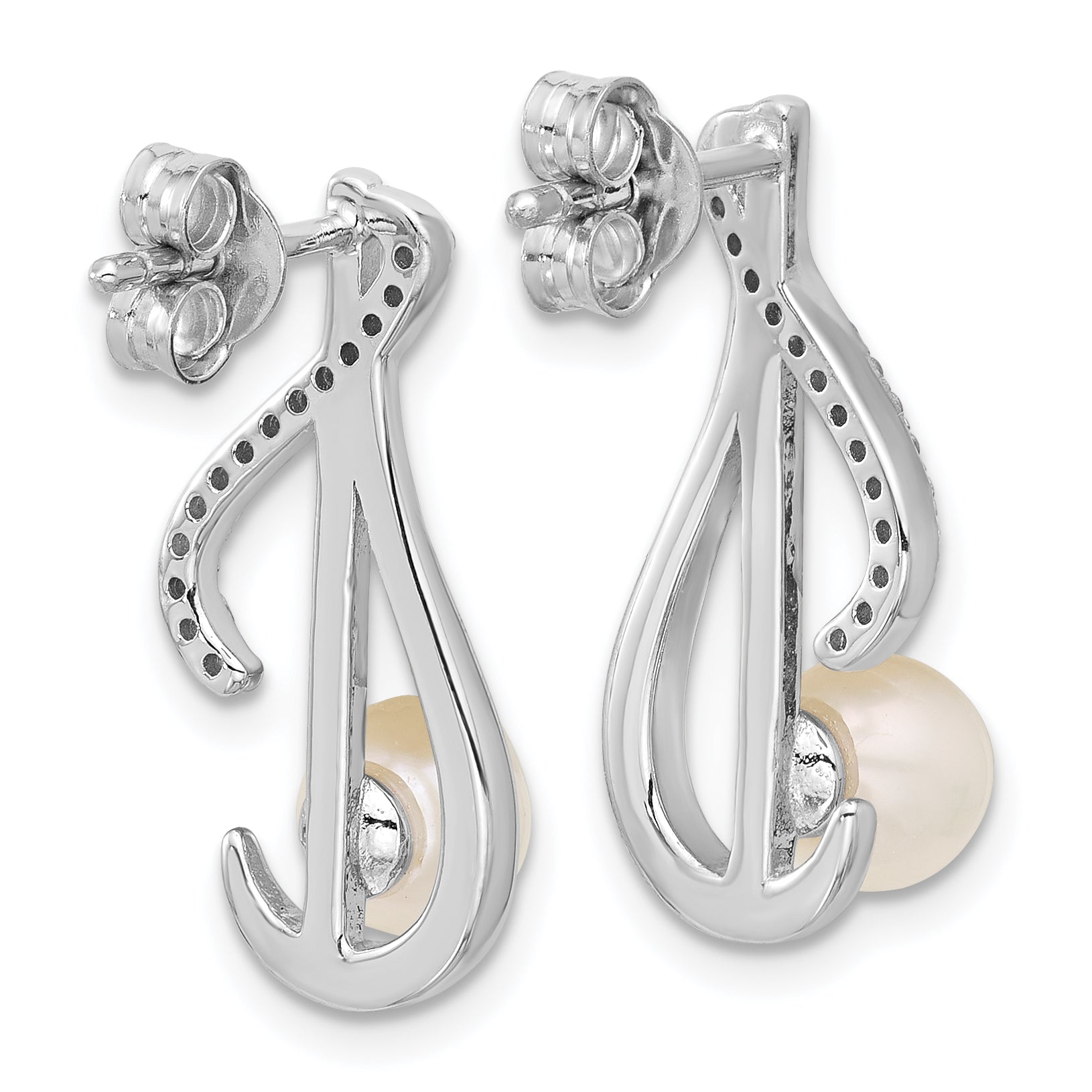Sterling Silver Rhodium-plated Polished CZ and 5-6mm Freshwater Cultured Pearl Swirl Post Earrings