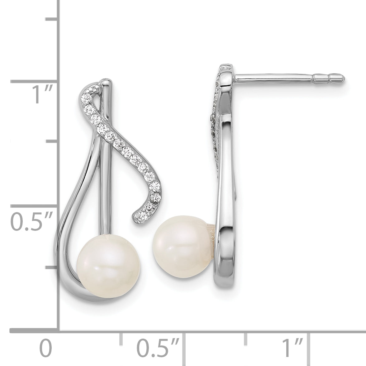 Sterling Silver Rhodium-plated Polished CZ and 5-6mm Freshwater Cultured Pearl Swirl Post Earrings