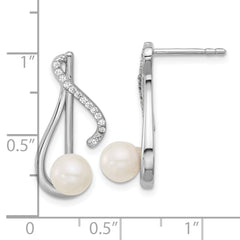 Sterling Silver Rhodium-plated Polished CZ and 5-6mm Freshwater Cultured Pearl Swirl Post Earrings