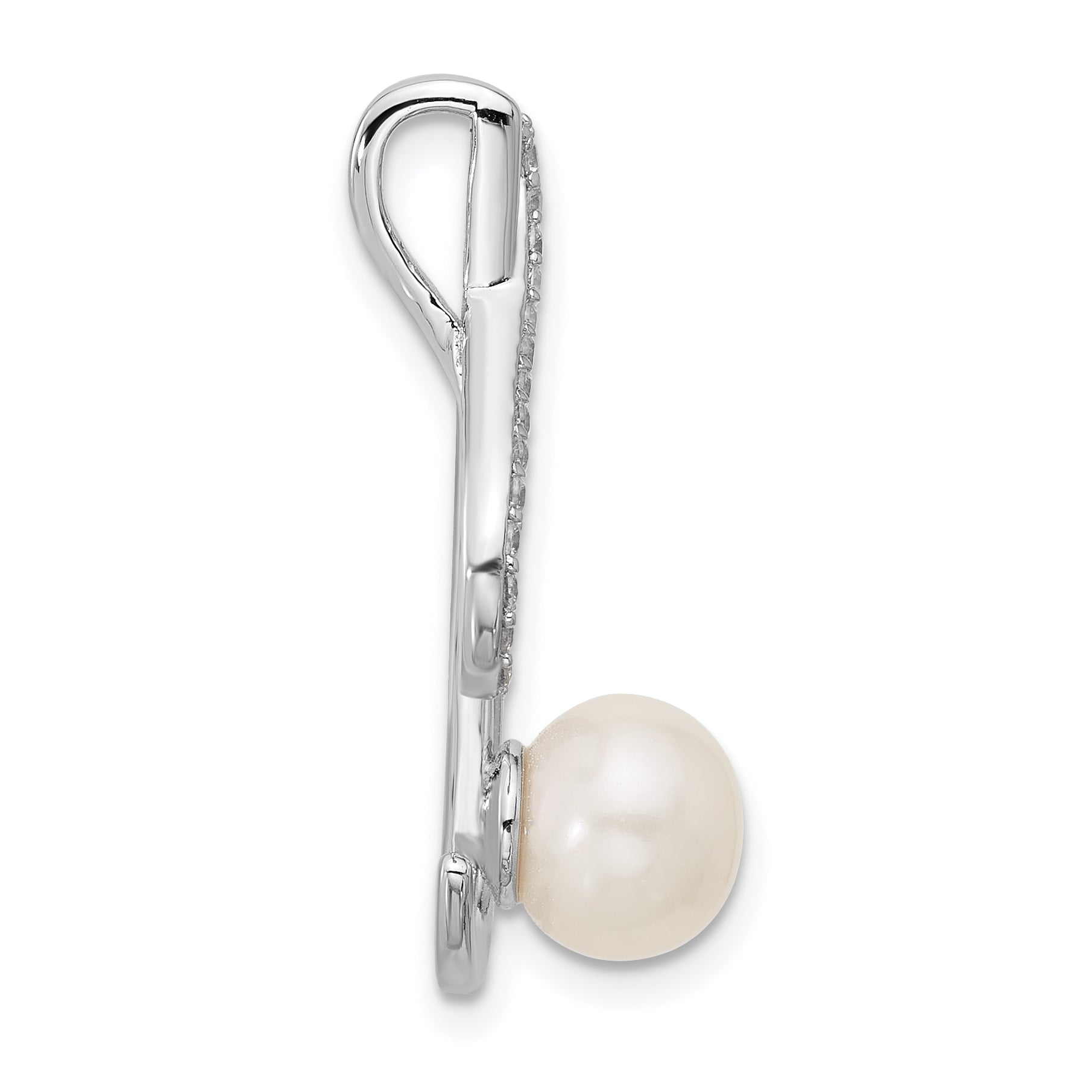 Sterling Silver Rhodium-plated Polished CZ and 6-7mm Freshwater Cultured Pearl Swirl Chain Slide Pendant Secondary image