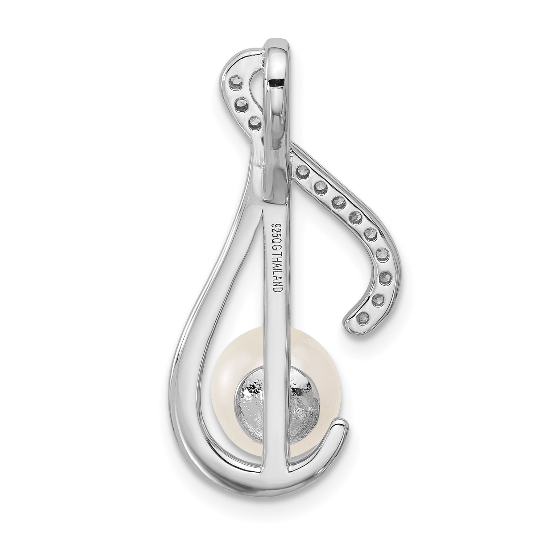 Sterling Silver Rhodium-plated Polished CZ and 6-7mm Freshwater Cultured Pearl Swirl Chain Slide Pendant